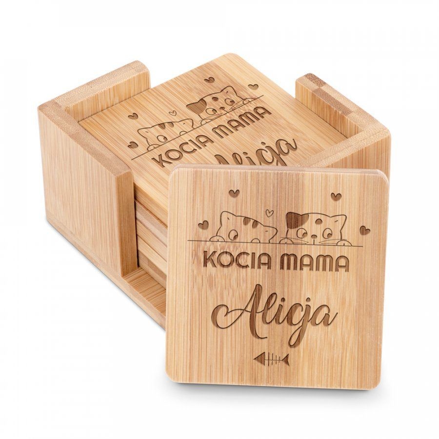 Murrano Podkładki bambusowe pod piwo kawę zestaw x6 grawer kocia mama dla k PDK-BMB-019