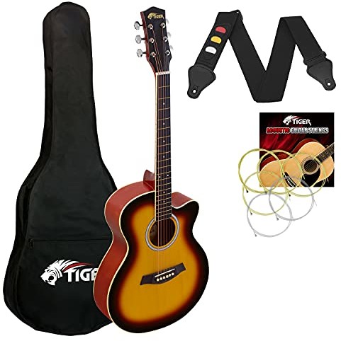 TIGER Tiger Gitara akustyczna w rozmiarze 3/4  stalowa gitara akustyczna dla dzieci od 12 lat, z torbą, paskiem, zapasowymi strunami i plektronami  Sunburst ACG1-SB34
