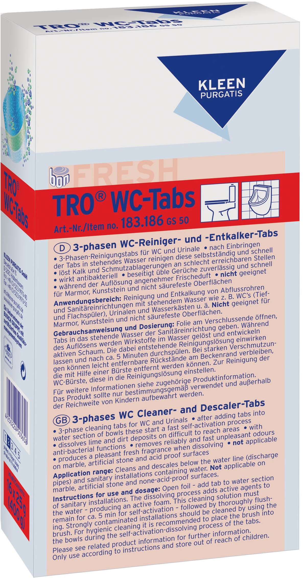 Kleen Purgatis PURGATIS TRO WC TABS karton 16 x 25 g do pisuarów i WC TRO WC TABS