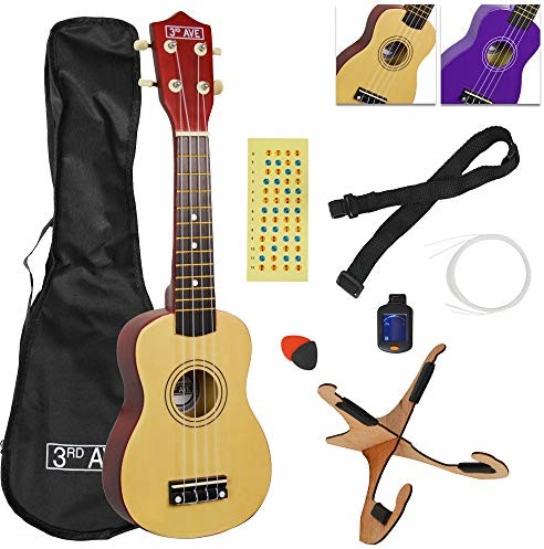 3rd Avenue 3rd Avenue Zestaw ukulele sopranowego 3 Avenue, w tym pokrowiec, pasek, kostki, stroik, stojak, naklejki na podstrunnicę i struny  wykończenie naturalne STX40NPK