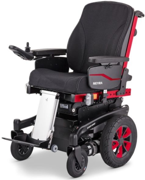 Meyra Elektryczny wózek inwalidzki z napędem środkowym - podnóżek centralny, tylne koło skrętne - duża zwrotność, łatwość manewrowania w pomieszczeniach, wy