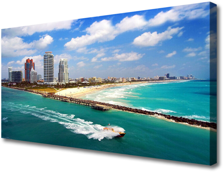 PL Tulup Obraz na Płótnie Morze Plaża Miasto Krajobraz 125x50cm
