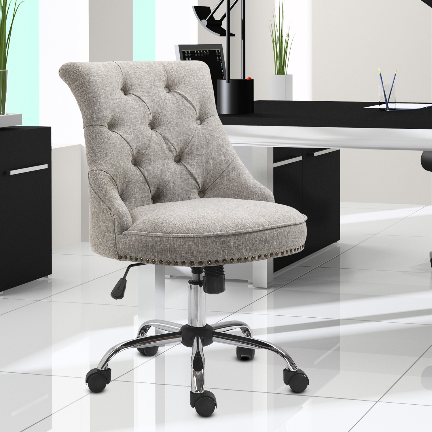 Homcom HOMCOM FOTEL OBROTOWY KRZESŁO TAPICEROWANE FOTEL SZEFA MAKS OBCIĄŻENIE 150 kg REGULACJA WYSOKOŚCI len jasnoszary 54 x 65,5 x (8491) cm