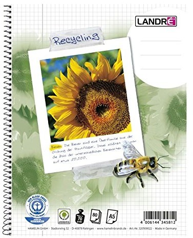 Landré Odcinanie landre 100050114 Kołonotatnik recyklingu, A5, 80 arkuszy, w kratkę krawędzi, 70 G/M KW., 5-Pack 100050114