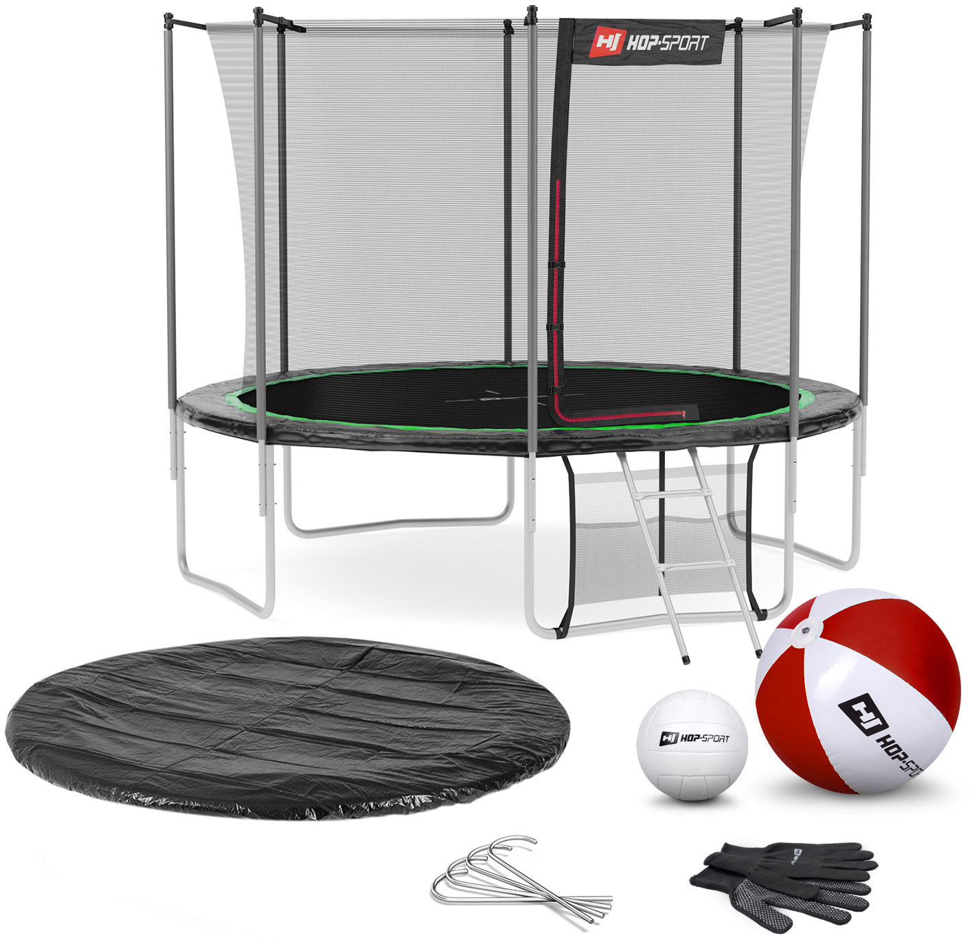 Hop-Sport Trampolina 10ft (305cm) czarno-zielona z siatką wewnętrzną 48652