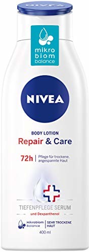 NIVEA Nivea Repair & Care Body Lotion (400 ml), balsam do bardzo suchej skóry i łagodzi uczucie napięcia, utrzymuje równowagę mikrobiom skóry i dzięki temu wyjątkowo delikatnie pielęgnuje mikrobiom skóry.