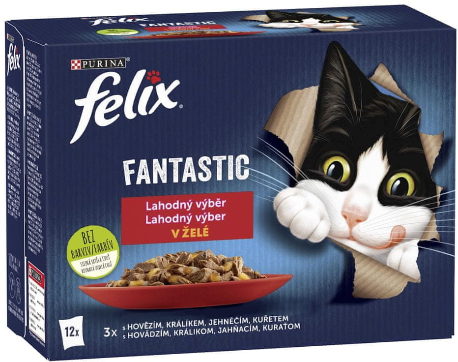 Purina Felix karma dla kota Fantastic z kurczakiem wołowiną królikiem i jagnięciną w galarecie 6(12x85g)
