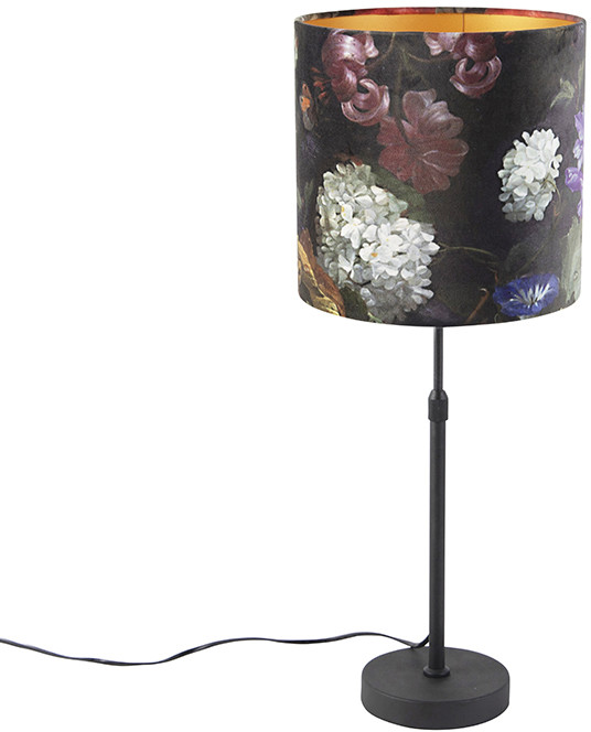 QAZQA Lampa stołowa regulowana czarna klosz welurowy kwiaty 25cm - Parte