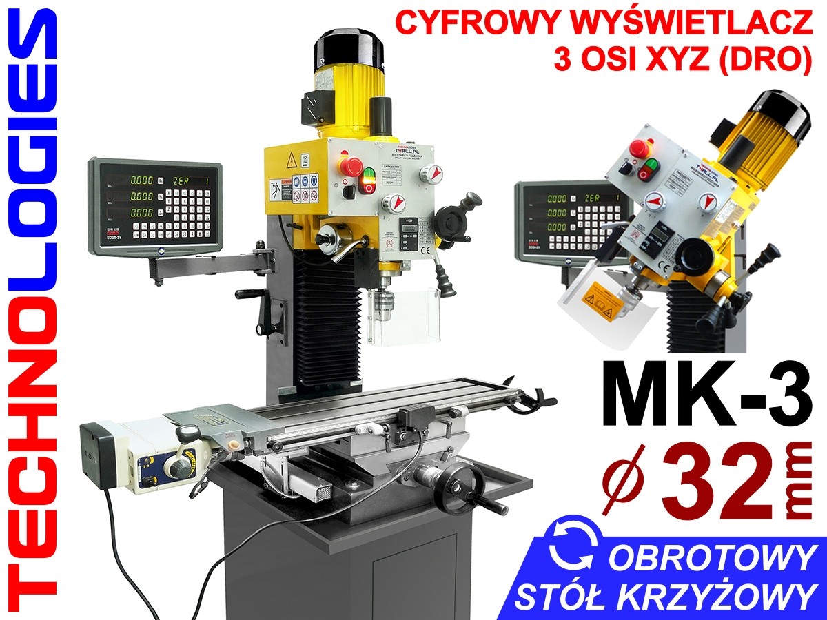 TECHNOLOGIES 4ALL WIERTARKO FREZARKO GWINCIARKA fi-32mm MK3 LCD DRO XYZ OBROTOWY STÓŁ KRZYŻOWY 7136341