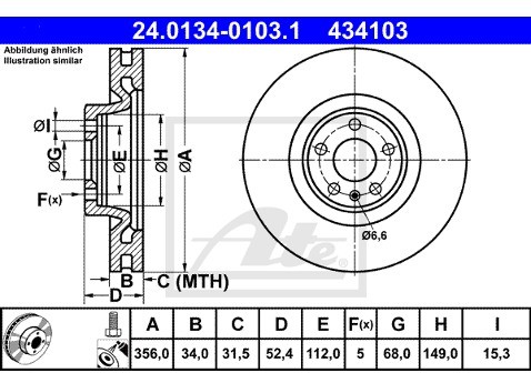 ATE TARCZA HAM 24.0134-0103.1 AUDI A6 2.0TFSI 211KM 11-, A7 SPORTBACK 2.8FSI QUATTRO 204KM 10-  24.0134-0103.1
