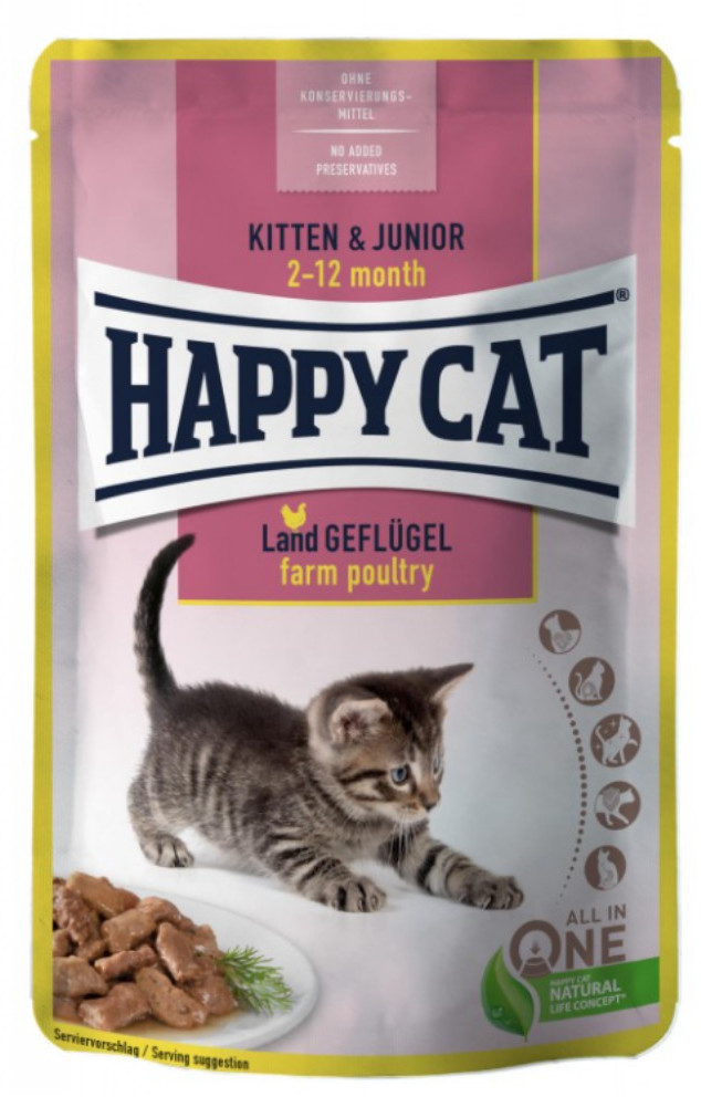HappyCat Kitten & Junior Farm Poultry, mokra karma, dla kociąt w wieku 2-12 mies., drób, 85 g, saszetka