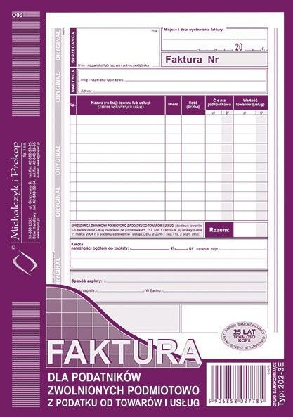 MICHALCZYK Prokop Prokop Faktura dla podatników zwolnionych podmiotowo z podatku od towarów i usług A5 202-3E WIKR-930751