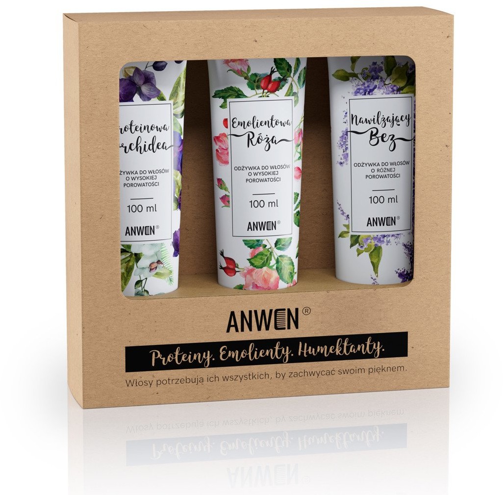 ANWEN ANWEN Odżywki do włosów o wysokiej porowatości Proteinowa Orchidea 100ml + Emolientowa Róża 100ml + Nawilżający Bez 100ml