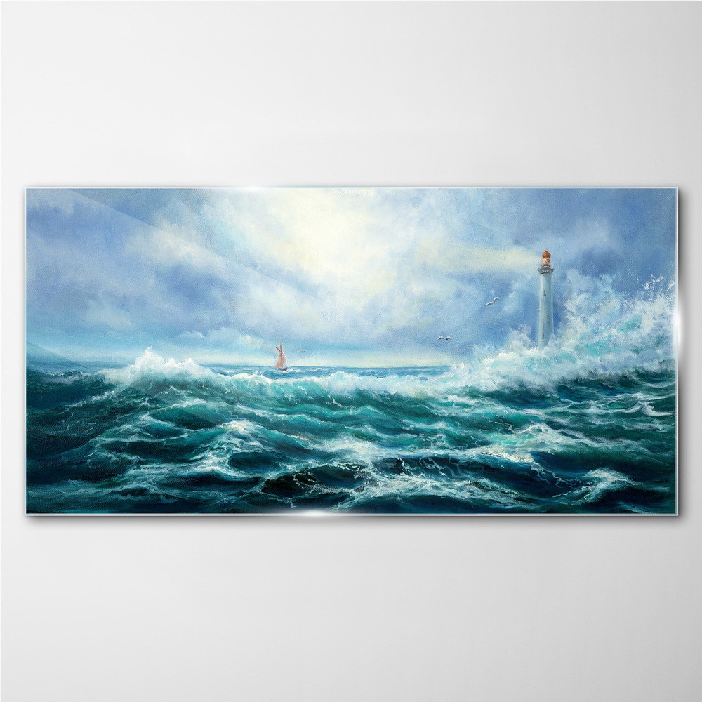PL Coloray Obraz na Szkle burza fale latarnia morska 120x60cm