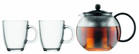 Bodum zestaw Assam K1805-01 zaparzacz do herbaty z filtrem ze stali nierdzewnej o pojemności 1 l i 2 filiżanki ze szkła, 0,35 l, czarny K1805-01