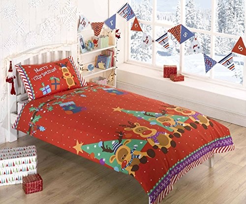 CHRISTMAS Duvets - Zestaw, Rudolph pościeli z zamkiem na czerwonej nos, czerwony, Boże Narodzenie, z napisem 