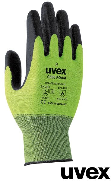Uvex RUVEX- C500FOAM - Rękawice ochronne, ochrona przecięcia (klasa 5), odporność na ścieranie, kontakt do +100 °C, zapinana na rzep - 7,8,9,10.