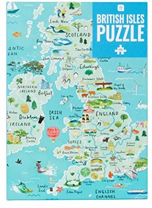 Talking Tables 1000 sztuk niebieska mapa brytyjska wyspy puzzle z plakatem - zabytki Wielkiej Brytanii - zabawa w aktywnościach domowych, prezent urodzinowy, prezenty podróżne, Anglia, Irlandia, Szkocja, Walia PUZZ-MAP-UK