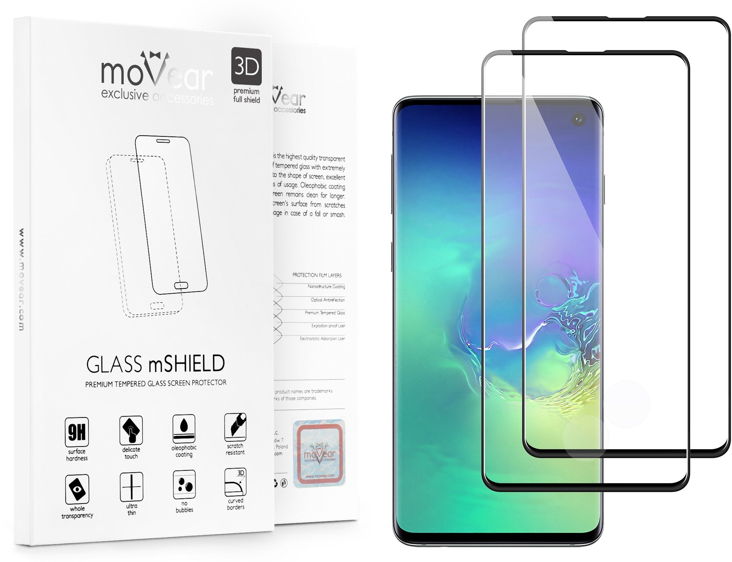 movear 2 szt. Szkło Hartowane 3D na Samsung Galaxy S10 G973 na Cały Ekran GLASS mSHIELD 3D czarne SG010G3D12ABK2