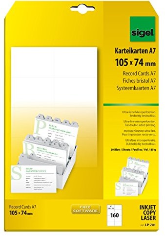 Sigel LP701 fiszki do obustronnego nadruku, karton 185 g, format A7, 160 sztuk, białe LP701