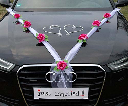 Auto-schmuck so einfach so kreativ Ozdoba samochodowa Organza M + serca, róża dekoracja dla pary młodej, dekoracja na wesele, samochód ślubny (fioletowy/biały/biały) Auto-schmuck