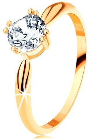 Opinie o Złoty zaręczynowy pierścionek 585 - zaokrąglone ramiona, błyszcząca okrągła cyrkonia bezbarwnego koloru - Rozmiar : 65 -