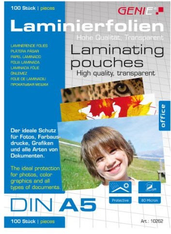 Genie 10262 foliami do laminowania (przezroczysty, 80 mikronów dla formatów do DIN A5, nadaje się do wszystkich urządzeń heisslami Nier) 100 10262