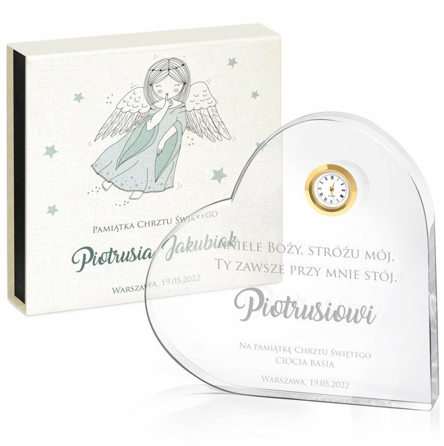 Murrano Serce kryształowe grawerowane z zegarem w pudełku z nadrukiem dla c KRSZ-SR-035