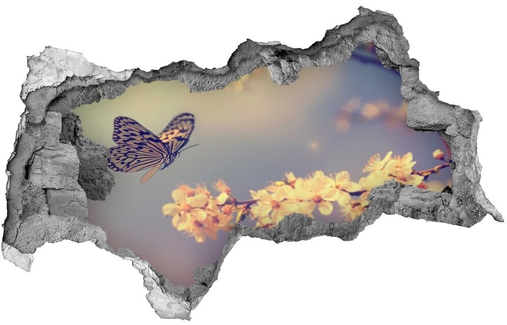 Wallmuralia.pl Fototapeta dziura na ścianę Kwiat wiśni i motyl