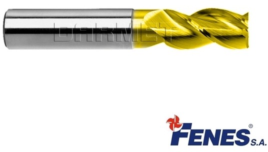 FENES Frez 3-ostrzowy trzpieniowy, krótki do metali lekkich z chwytem walcowym DIN844-A K-M-W, HSS-E TiN Golden Line - 10MM - FEN_0641-516-105-600