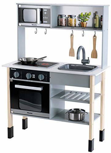 Theo Klein 7199 Miele kuchnia drewniana, w zestawie płyta kuchenna z dźwiękiem i światłem, wymiary: 70 cm x 30 cm x 91 cm, szlachetne akcesoria kuchenne ze stali nierdzewnej (nie nadają się do podgrze