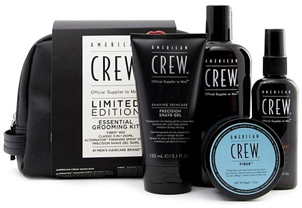 American Crew Essential Grooming Kit | Zestaw dla mężczyzn włóknista pasta 85g + szampon odżywka i żel pod prysznic 250ml + spray do modelowania 100ml + żel do golenia 150ml + kosmetyczka