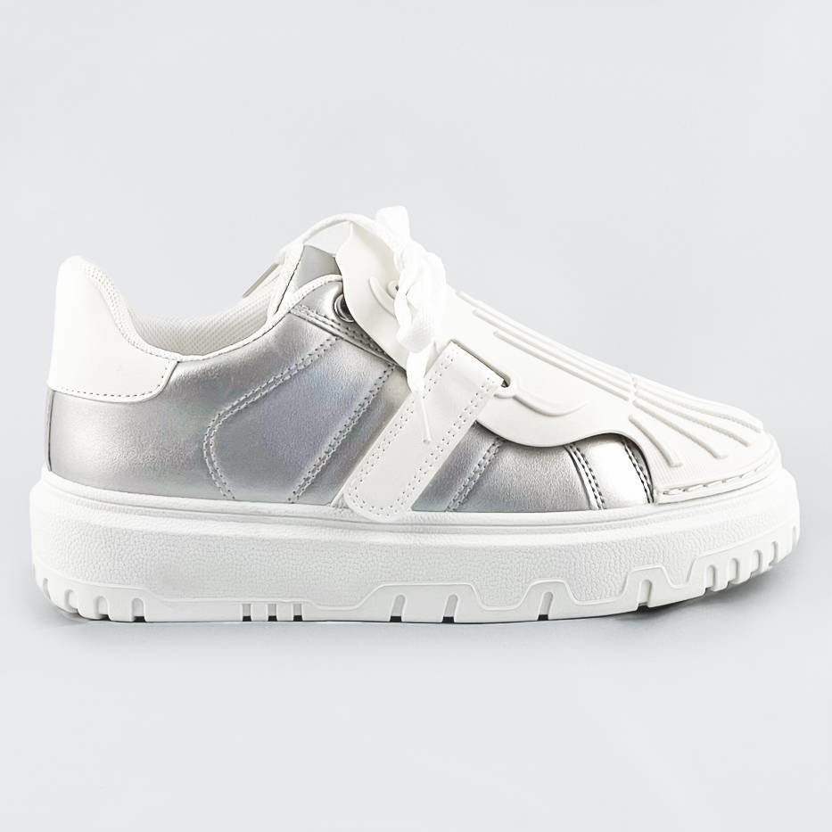 Fairy DAMSKIE BUTY SPORTOWE Z NAKŁADKĄ NA SZNUROWADŁA SREBRNO-BIAŁE (RA2049) - Fairy