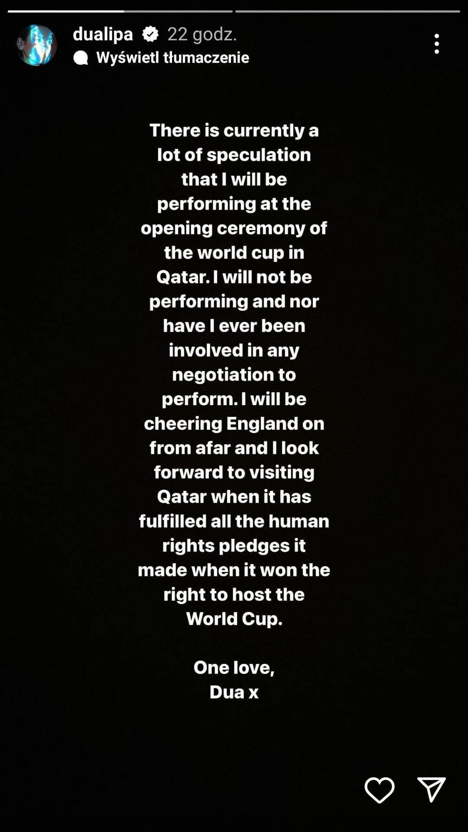 Dua Lipa nie wystąpi na ceremonii otwarcia mundialu w Katarze