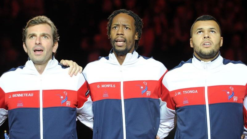Francuzi Julien Benneteau, Gael Monfils i Jo-Wilfried Tsonga przed pierwszym meczem finału