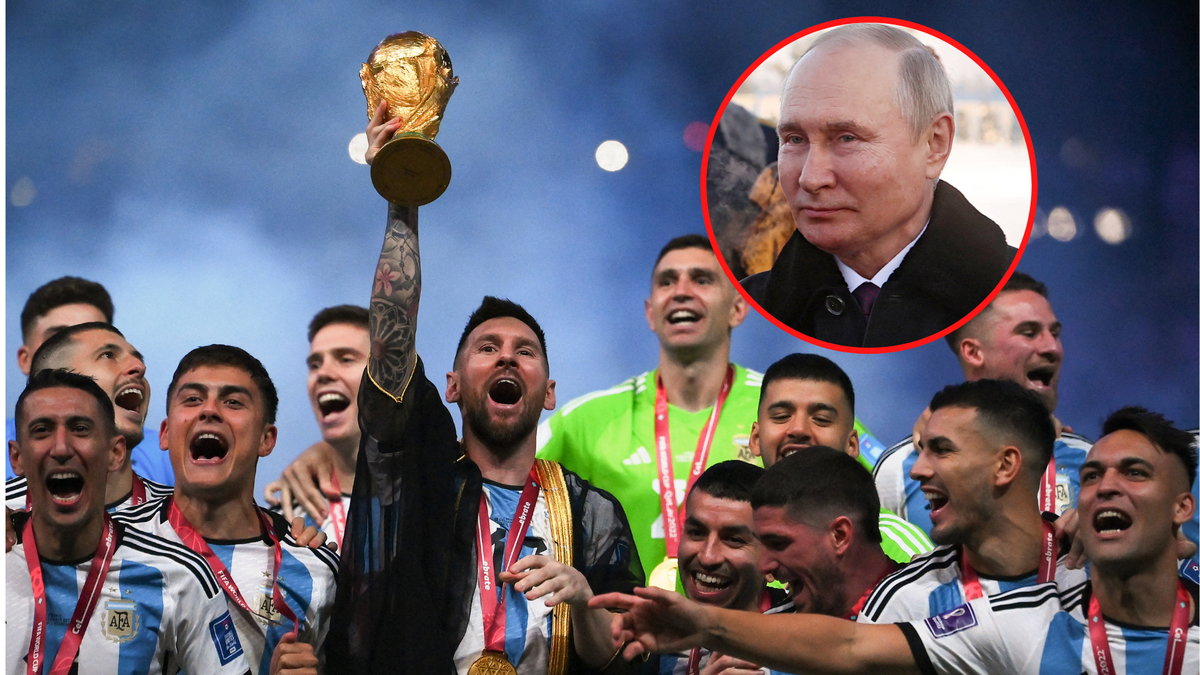 Reprezentacja Argentyny z Pucharem Świata i Władimir Putin (w kółku)