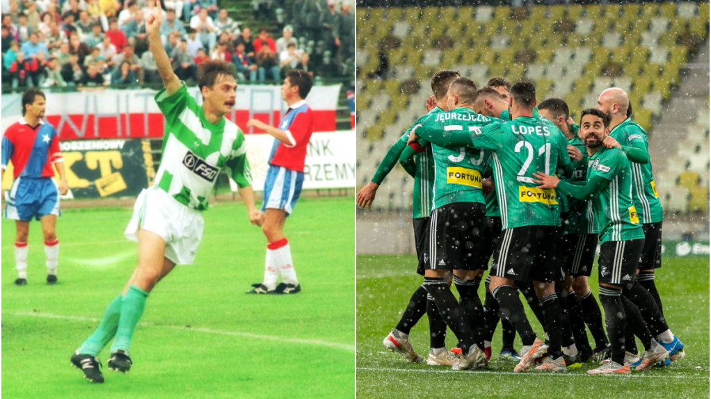 Maciej Śliwowski w meczu Wisła - Legia (1993) oraz radość ekipy Legii Warszawa (2021) (fot. Mieczysław Świderski/ Mateusz Słodkowski/ Newspix)