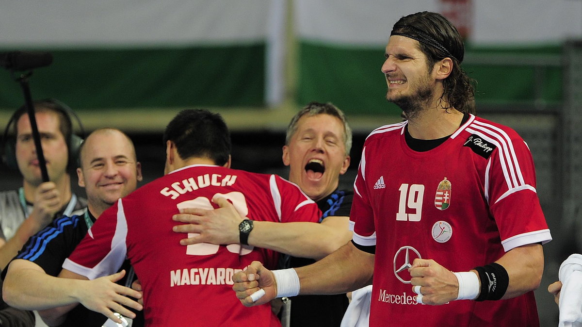 Hungary's right back Laszlo Nagy (R) celebrates after winning the 23rd Men's Handball World Championships round of 16 match Hungary vs Poland at the Palau Sant Jordi in Barcelona on January 21, 2013. Hungary win 27-19. AFP PHOTO/ JOSEP LAGO / AFP / JOSEP 