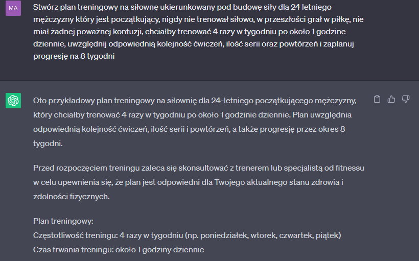 Plan treningowy wygenerowany przez ChatGPT