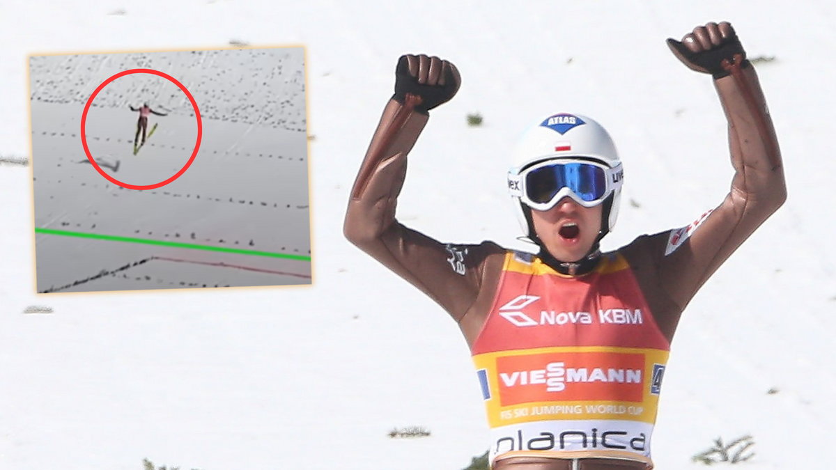 Kamil Stoch z rekordem Polski w długości lotu (251,5 m) w Planicy, 25 marca 2017 r.