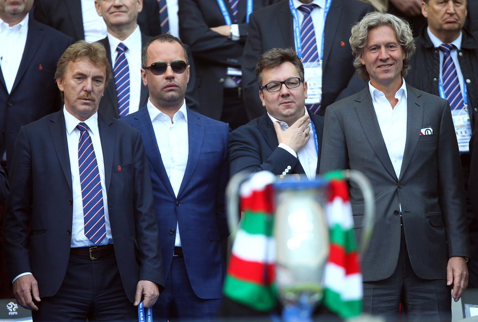 Finał Pucharu Polski 2014/2015. Od lewej: Zbigniew Boniek, Bogusław Leśnodorski, Maciej Wandzel, Dariusz Mioduski (2 maja 2015 r.)
