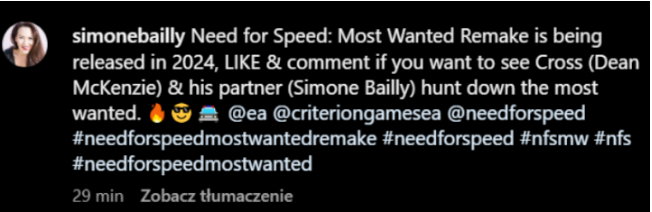 Wpis aktorki Need For Speed