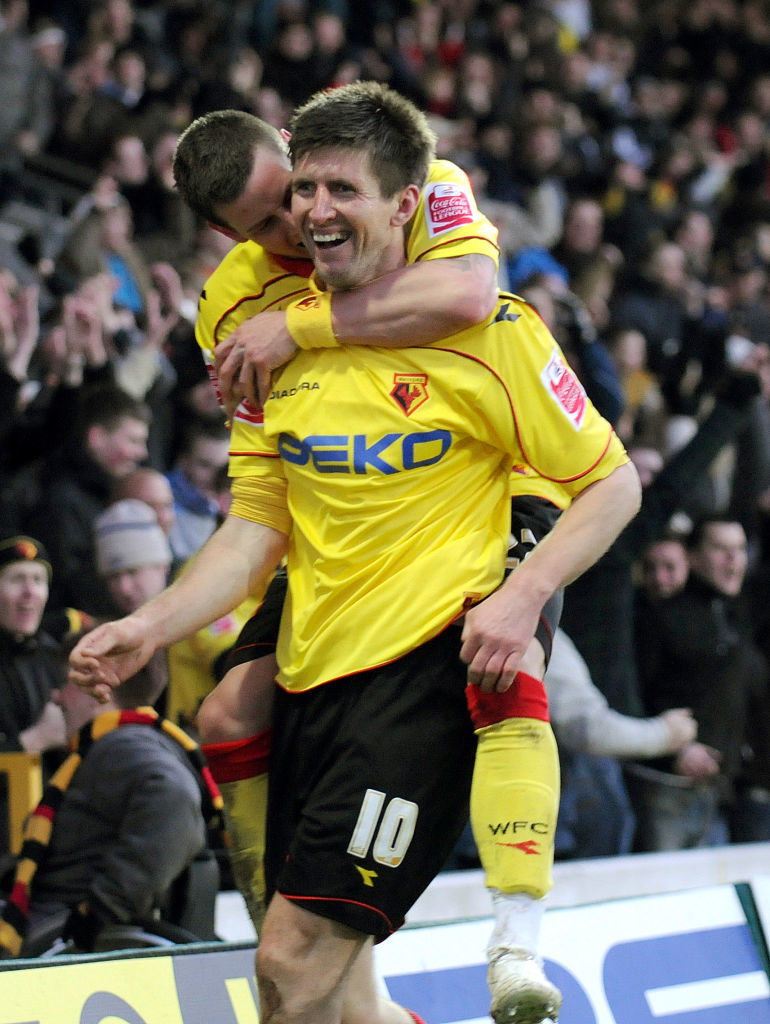 Grzegorz Rasiak cieszy się z gola w barwach Watfordu podczas meczu z Crystal Palace w ramach rozgrywek Pucharu Anglii (24.01.2009)