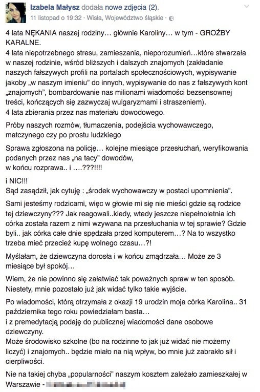 Screen z profilu Izabeli Małysz fot. Facebook.com