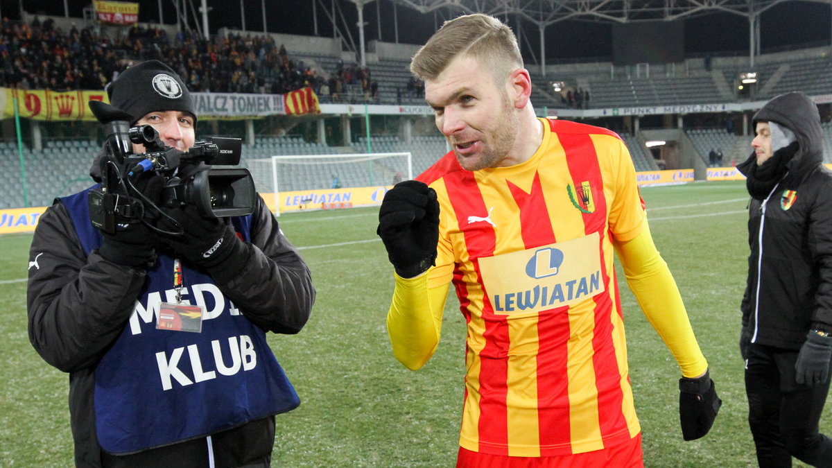 Michał Siejak rozmawia z Bartoszem Rymaniakiem po meczu Korona Kielce - Lech Poznań (25 lutego 2018 r.)