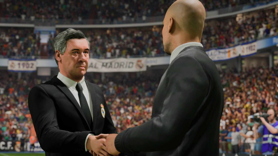 Carlo Ancelotti wita się z Pepem Guardiolą w EA Sports FC 24