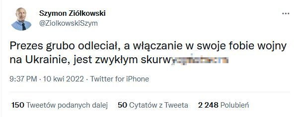 Tweet Szymona Ziółkowskiego