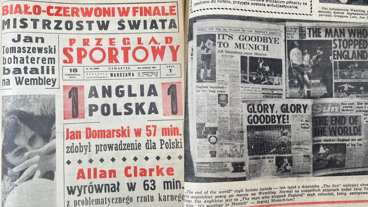 Okładka "Przeglądu Sportowego" i kilku gazet angielskich dzień po meczu na Wembley