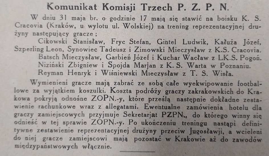 Informacja o powołaniach na mecz z Jugosławią. Był to oficjalny komunikat PZPN zamieszczony w "PS"