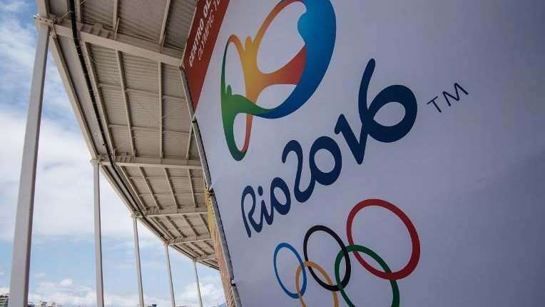 A banner with the Olympic logo for the Rio 2016 Olympic Games seen at the Olympic Tennis Centre of the Olympic Park in Rio de Janeiro